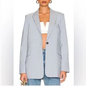 1. STATE Ruched Sleeve Double Breasted Blazer in Porcelain Blue